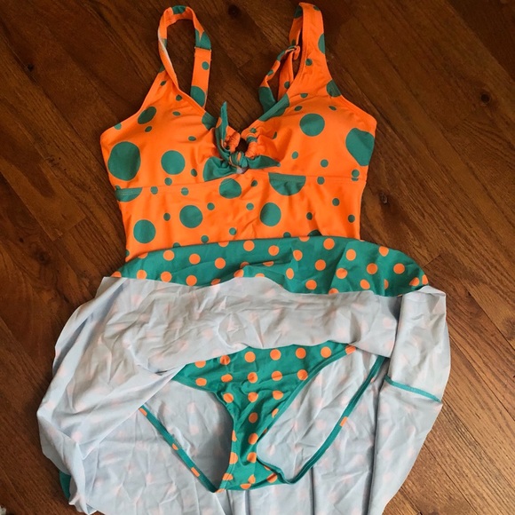 Teal & Orange Polka Dot One-Piece Swim Dress - Size Medium - Picture 9 of 9